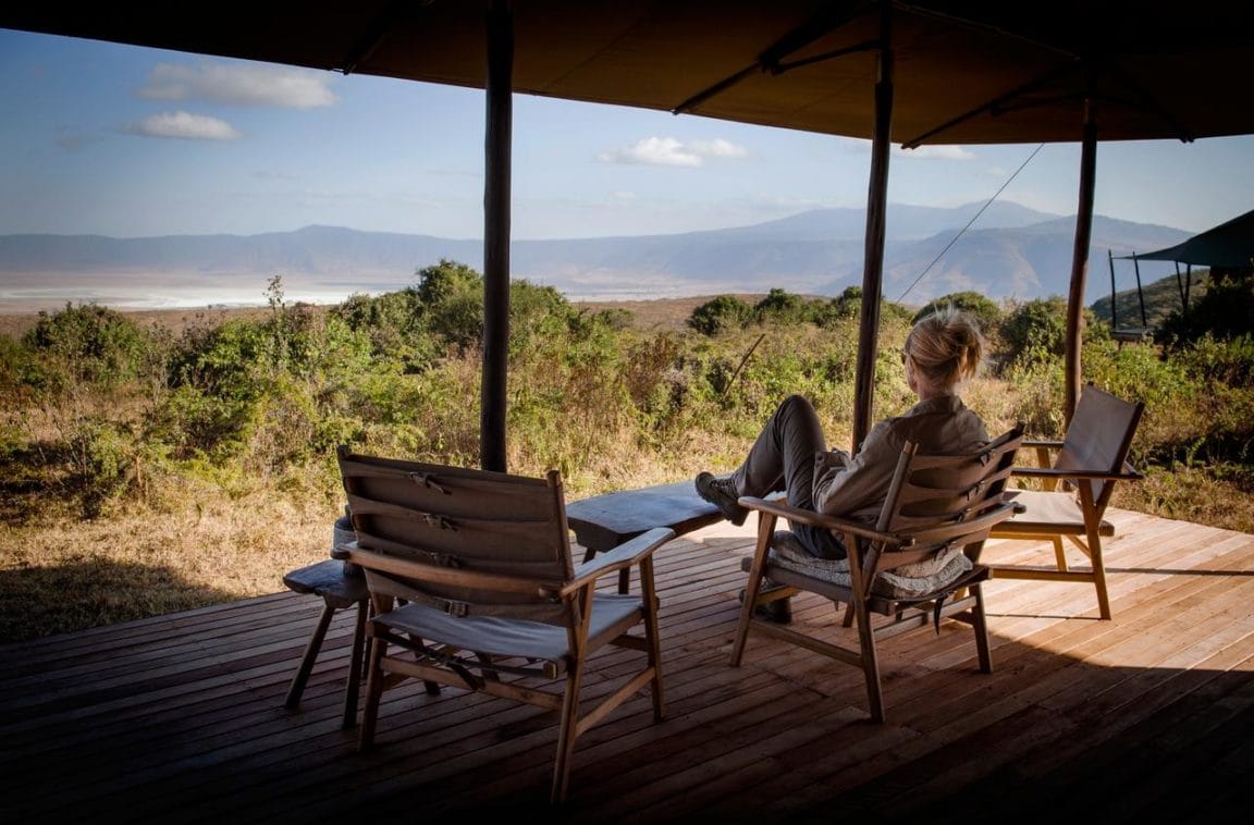 Crater-rim deck at Entamanu Ngorongoro, overlooking the Ngorongoro Crater
