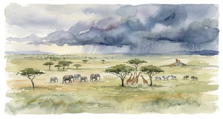 Secret Season in Kenya 2014 watercolor illustration of the African savanna during green season