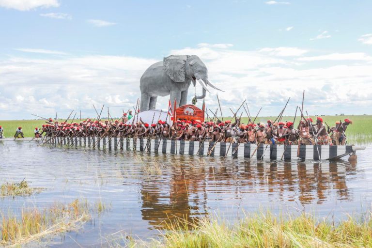 The Nalikwanda, the Litunga’s royal barge, crossing the Zambezi floodplain during the Kuomboka ceremony